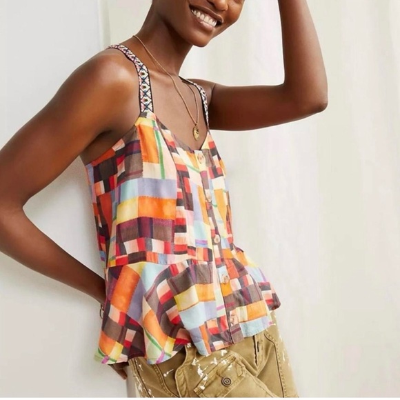 Pilcro Tops - Anthropologie Pilcro Bright Colorful Geometric Racerback Top Peplum Sz M Buttons